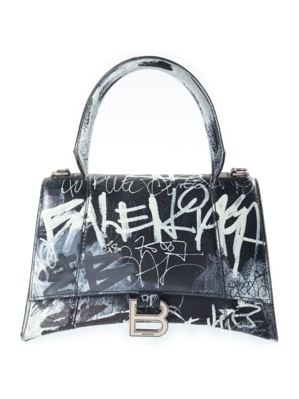 Balenciaga Hourglass Graffiti Small 2-Way Shoulder Bag Black Leather